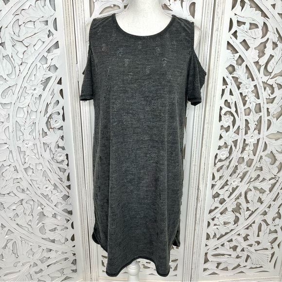 Wrapper London Gray Cold Shoulder Distressed Jersey Dress - Picture 1 of 7